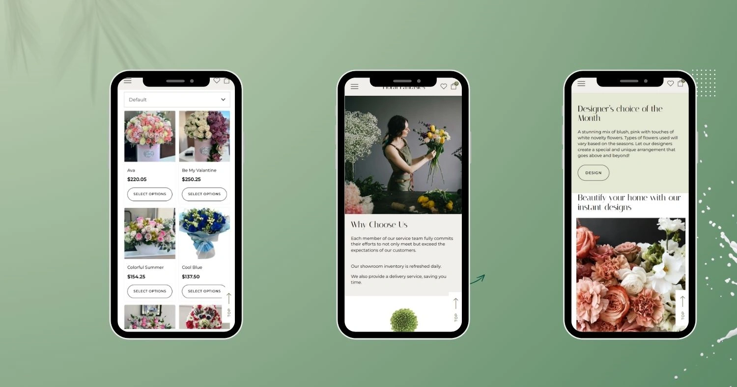 Floral Fantasies online shop mockup on smartphones - ZeroMaze Agency portfolio