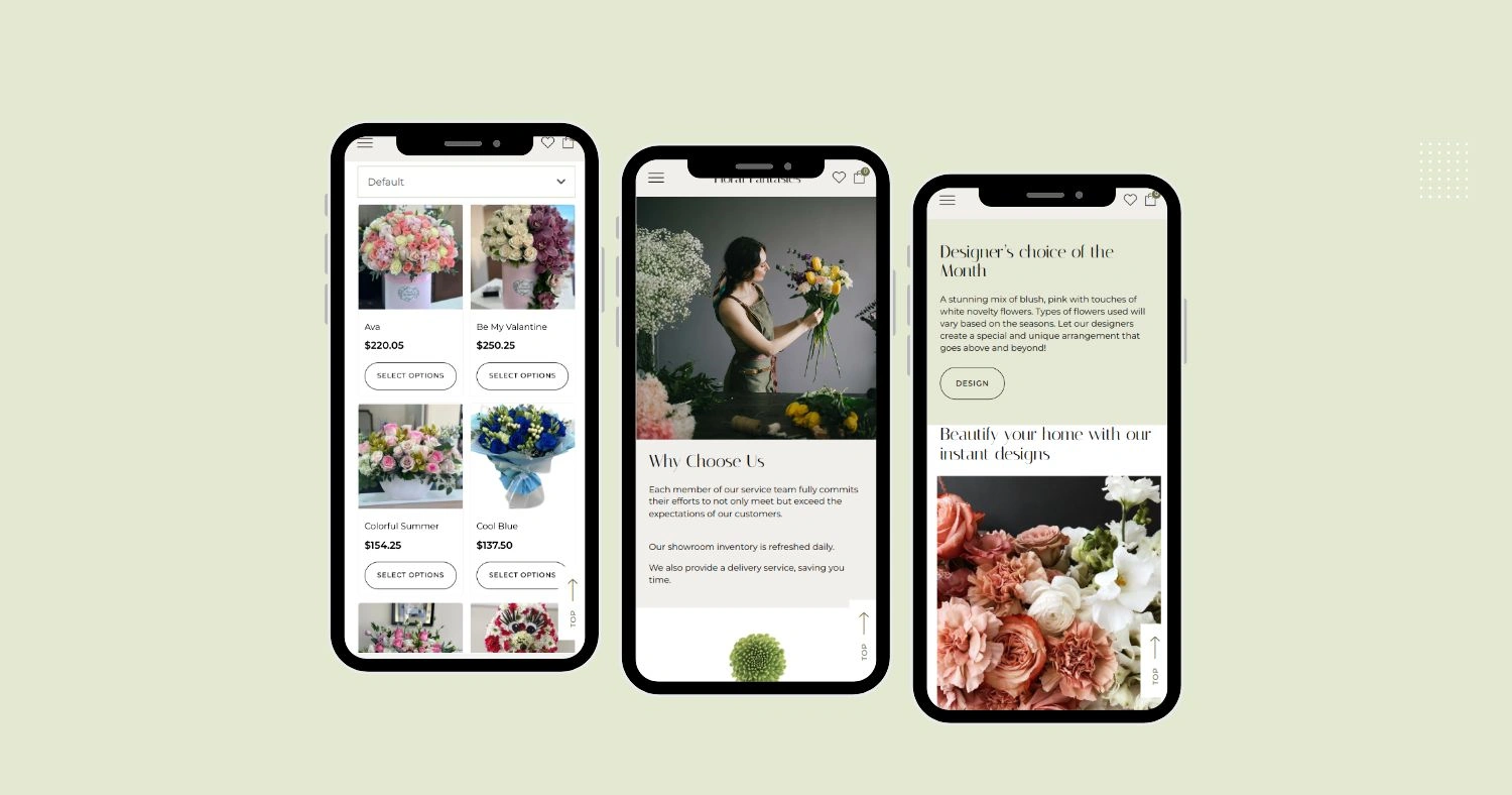 Floral Fantasies online shop mockup on smartphones - ZeroMaze Agency portfolio